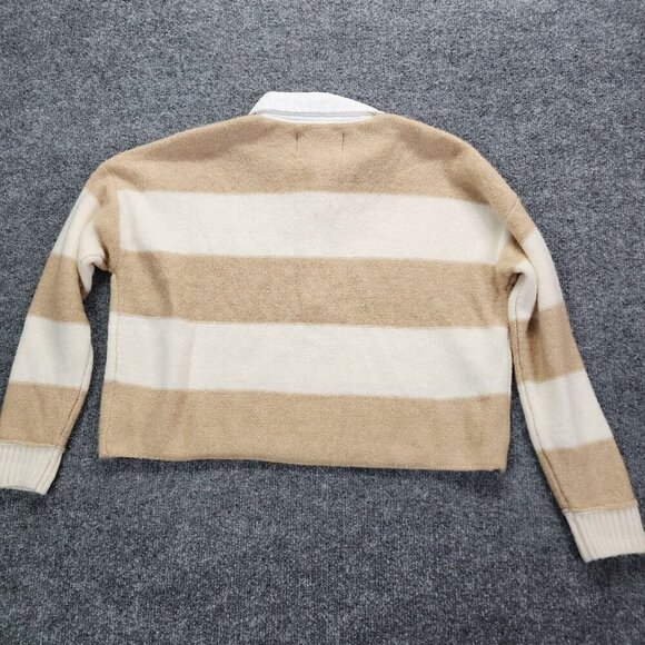 American Eagle Tan/Cream Striped Collared 3/4 Button Up Sweater XS Preppy Boxy - Picture 10 of 16
